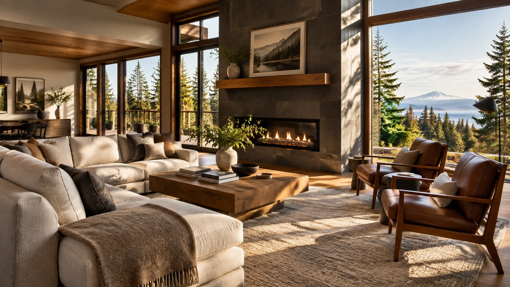 Sunlit Pacific Northwest home surrounded by evergreen trees